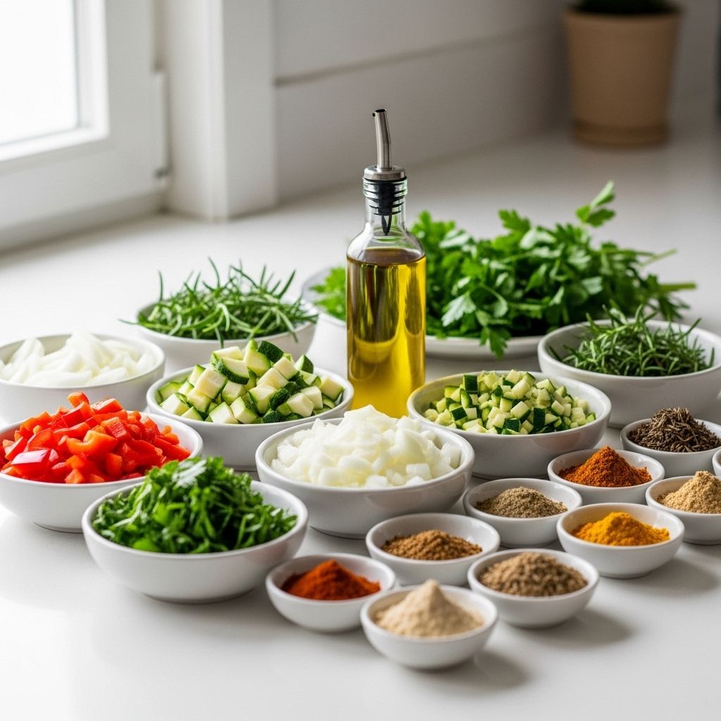 Omsorgsfullt förberedda ingredienser för matlagning: hackade grönsaker, örter, olivolja och kryddor i små skålar på ett rent kök